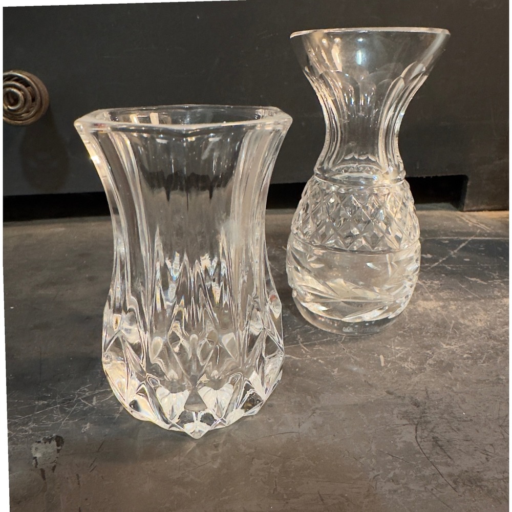 Set of 2 Clear‎ Crystal Glass Bud Vases Small Decorative Accent 4"